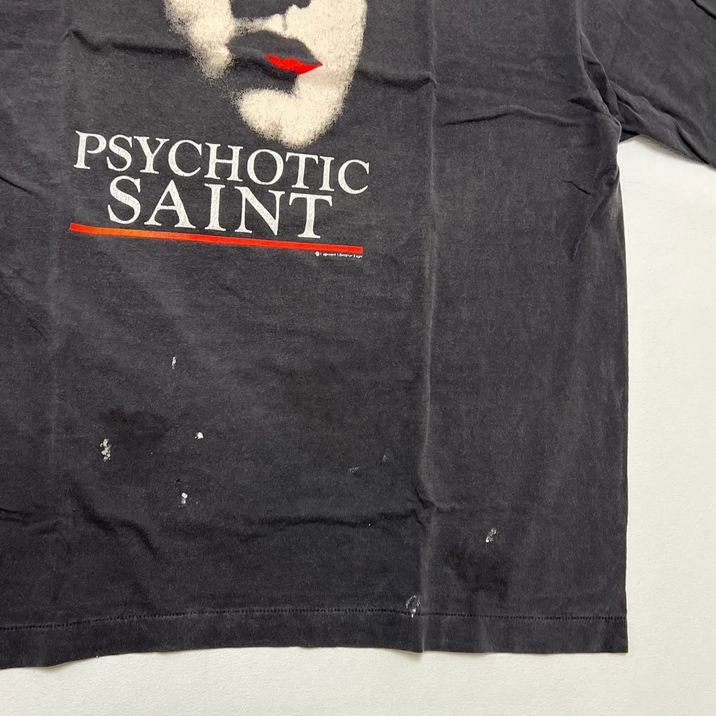 SAINT Mxxxxxx SS TEE/PSYCHOTIC SNT/BLK Gothic heavy metal rock style retro short-sleeved Mysterious woman's face printed distressed TEE Washed black S-XL Same as the original version Cylindrical side seam OE yarn fabric Garment dyeing Faded by heavy washing Bust plaster faded Correct version Matching of original accessories